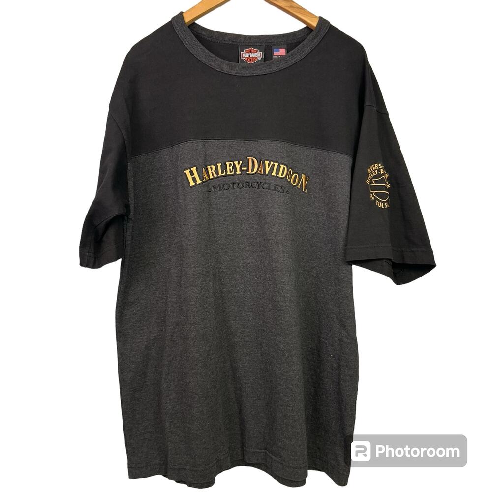 Harley Davidson Vintage Ringer T Shirt Large Black Grey Tulsa Oklahoma Y2K